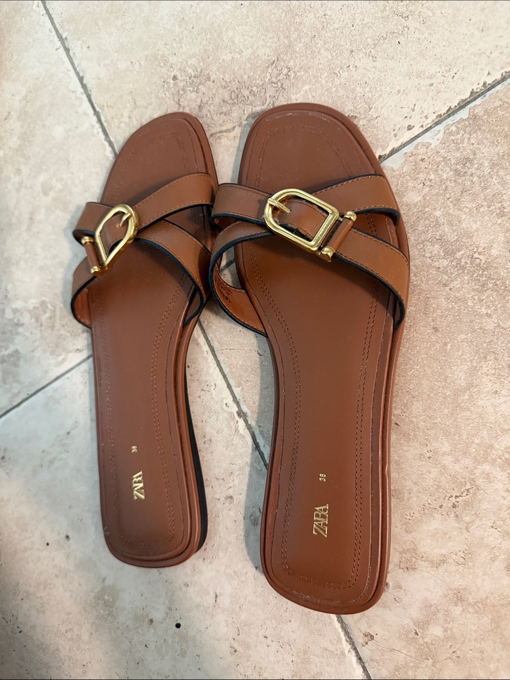 Zara Tan Leather Slide Sandals with Gold Buckles - Picture 2 of 7